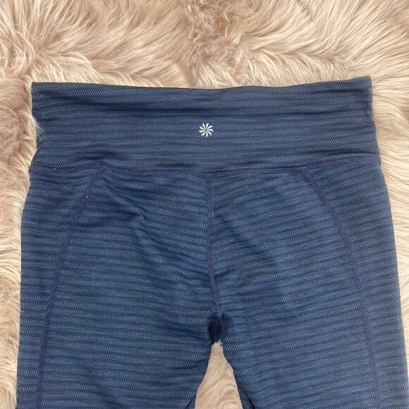 Athleta Jacquard Mantra High Waisted Mesh Detail Capri Legging Navy Blue Stripe - Picture 8 of 12